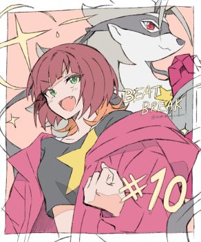 2girls absurdres black_shirt brown_hair clenched_hand commentary digimon digimon_beatbreak english_commentary episode_number fang green_eyes highres hood hooded_jacket jacket midriff_peek multicolored_hair multiple_girls open_clothes open_jacket open_mouth print_shirt red_eyes red_jacket release_celebration robo_nonagon sakuya_reina shirt short_hair sparkle star_(symbol) star_print two-tone_hair upper_body wolvermon