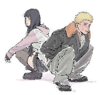 1boy 1girl back-to-back bandaid bandaid_on_face bandaid_on_nose beerenfuchs black_gloves black_hair black_jacket blonde_hair blue_eyes blunt_bangs casual commentary ear_piercing earrings english_commentary facial_mark fingerless_gloves gloves grey_pants grey_thighhighs hyuuga_hinata interlocked_fingers jacket jewelry naruto:_the_last naruto_(series) pants piercing pink_eyes sleeves_past_wrists squatting thighhighs two-tone_hoodie uzumaki_naruto whisker_markings