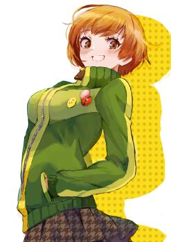 1girl badge blush bob_cut breasts brown_eyes brown_hair button_badge commentary_request drop_shadow green_jacket grey_skirt grin hand_in_pocket highres houndstooth jacket kanna_nijiniji long_sleeves looking_at_viewer medium_breasts persona persona_4 pleated_skirt satonaka_chie school_uniform short_hair simple_background skirt smile solo track_jacket white_background yasogami_school_uniform zipper