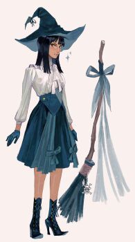 1girl absurdres black_hair blue_gloves blue_hat blue_shoes blue_skirt blunt_bangs boots broom commentary full_body gloves hat high_heel_boots high_heels highres jolly_roger lace-up_boots long_sleeves looking_at_viewer medium_hair nico_robin one_piece rygge shirt shoes simple_background skirt smile solo sparkle straw_hats_jolly_roger white_background white_shirt witch witch_hat