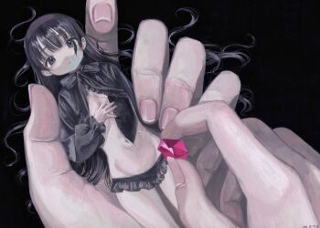1girl 1other black_background black_eyes black_hair black_panties commentary_request expressionless fingernails gem groin highres in_palm long_hair long_sleeves looking_at_viewer mini_person minigirl monou_pico navel original panties pink_gem pov simple_background underwear