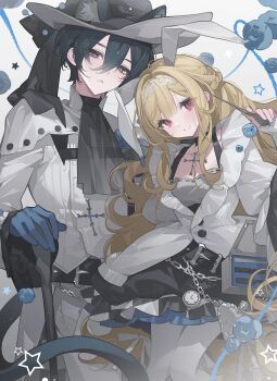 Rule 34 | black hair, blonde hair, breasts, dress, gloves, hair between eyes, hat, highres, long hair, long sleeves, looking at viewer, multiple girls, original, pantyhose, red eyes, smile, yuanyunyu 3y