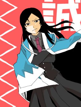 1girl angry black_eyes black_hair blue_haori closed_mouth commentary_request crossed_arms dealca dutch_angle feet_out_of_frame floating_hair frown glaring grey_jacket grey_shirt grey_skirt gyousatsu_shinsengumi haori haori_on_shoulders hijikata_toshie jacket japanese_clothes long_skirt long_sleeves looking_at_viewer necktie parted_bangs red_background red_necktie shinsengumi shirt skirt solo standing v-shaped_eyebrows