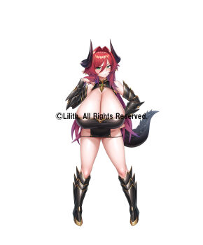 1girl :/ anna_marie_lindwurm arm_armor black_dress breasts cleavage_cutout clothing_cutout commentary_request copyright_notice detached_sleeves dragon_girl dress furrowed_brow gigantic_breasts green_eyes hair_intakes highres hip_vent horns jamboyama leg_armor looking_at_viewer mole mole_under_eye official_art red_hair second-party_source solo standing tachi-e taimanin_(series) taimanin_rpgx white_background