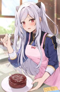 Rule 34 | 1girl, absurdres, alexia midgar, apron, blush, commentary request, cooking, highres, indoors, kage no jitsuryokusha ni naritakute!, kage no jitsuryokusha ni naritakute! master of garden, long hair, looking at viewer, matsumoto yuu, midgar academy school uniform, mixed-language commentary, open mouth, pink apron, red eyes, school uniform, solo, very long hair, white hair