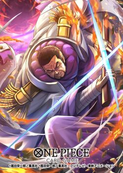 1boy beard black_hair closed_eyes commentary_request copyright_name dust epaulettes facial_hair fire fujitora_(one_piece) hokuyuu holding holding_sword holding_weapon japanese_clothes kimono male_focus official_art one_piece one_piece_card_game parted_lips purple_kimono sheath short_hair sideburns solo sword unsheathing weapon