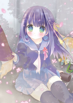 1boy 1girl black_shirt black_skirt black_thighhighs blush clothes_grab commentary_request diploma_tube falling_petals grabbing_another's_sleeve green_eyes hair_ribbon holding long_hair long_sleeves miniskirt neckerchief nekosimaneko original parted_lips petals pink_petals pleated_skirt purple_hair ribbon school_uniform serafuku shirt sitting skirt solo_focus thighhighs top_of_moe_2013 white_bag white_neckerchief yellow_ribbon zettai_ryouiki