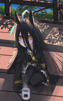 1girl absurdres animal_ears black_coat black_gloves black_pantyhose black_shirt black_skirt blush coat contrast_collar cup ear_ornament ear_tag earrings gloves hair_between_eyes hair_spread_out highres holding holding_cup horse_ears horse_girl jewelry long_hair long_hair_between_eyes long_sleeves looking_at_viewer manhattan_cafe_(creeping_black)_(umamusume) manhattan_cafe_(umamusume) mug murderdoll1641 necktie outdoors pantyhose parted_lips pleated_skirt railing shirt single_earring skirt solo squatting steam steaming_cup umamusume very_long_hair wooden_floor yellow_eyes yellow_necktie
