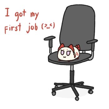 &gt;3&lt; 1girl :3 animalization arknights chair commentary earrings english_commentary english_text jewelry meme nian_(arknights) no_humans office_chair purple_eyes simple_background swivel_chair tail tassel tassel_earrings working zedchan