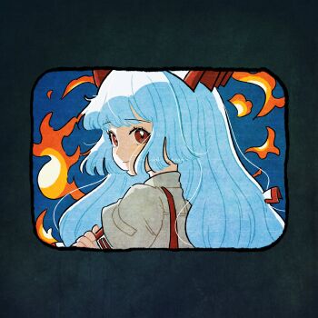 1girl absurdres closed_mouth commentary_request eyelashes fire fujiwara_no_mokou hakunemui hand_on_own_arm highres long_hair looking_at_viewer looking_back red_eyes shirt smile solo suspenders touhou upper_body watermark white_hair white_shirt