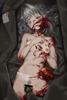 1girl absurdres amenkyoranto amputee bag bar_censor blood blue_eyes breasts can censored clothing_aside collarbone corpse death drink_can empty_eyes female_pubic_hair grey_hair guro hair_intakes highres in_bag in_container injury intestines missing_finger navel nipples object_insertion open_mouth original panties panties_aside pubic_hair pussy small_breasts solo topless_female underwear uneven_eyes vaginal vaginal_object_insertion white_panties