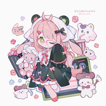 1girl antenna_hair asymmetrical_footwear black_dress blunt_bangs chibi chibi_only closed_mouth commission dress frilled_dress frilled_sleeves frills full_body glasses hand_up highres kanae_(cookie) long_hair looking_at_viewer mismatched_footwear one_eye_closed original pink_hair red-framed_eyewear red_shoes shoes simple_background sleeves_past_fingers sleeves_past_wrists solo standing standing_on_one_leg stuffed_animal stuffed_rabbit stuffed_toy twitter_username white_background white_shoes