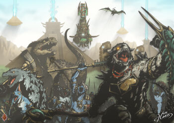 6+boys absurdres albino artist_name aztec beam blue_scales carnosaur cheering club club_(weapon) crocodilian day dinosaur floating floating_object furry furry_male glowing glowing_eyes gor-rok hellcross_(dkrejd2000) highres kroxigor lizardman lizardman_(warhammer_fantasy) lord_kroak mace mace_of_ulumak macuahuitl multiple_boys muscular open_mouth outdoors prehistoric_animal pterosaur pyramid_(structure) roaring saurus scales scar sharp_teeth shield shield_of_aeons skink slann spiked_club spiked_shield spikes teeth temple terradon total_war total_war:_warhammer total_war:_warhammer warhammer_fantasy weapon white_scales yellow_eyes