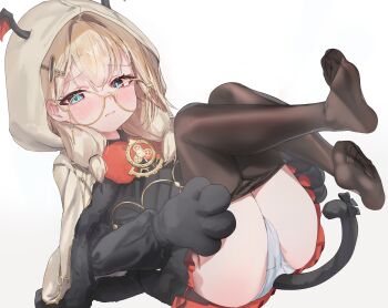 1girl absurdres animal_hands ass bad_perspective black_gloves black_pantyhose black_tail blonde_hair blue_eyes blush capelet cat_tail closed_mouth clothes_pull commentary commission feet full_body fur-trimmed_capelet fur_trim glasses gloves head_wings highres hood hood_up hooded_capelet krabking long_hair long_sleeves looking_at_viewer lying no_shoes on_back original panties pantyhose pantyhose_pull paw_gloves red_skirt round_eyewear second-party_source simple_background skirt solo symbol-only_commentary tail underwear wavy_mouth white_background white_capelet white_panties wings yellow-framed_eyewear