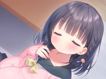 1girl black_hair blush braid cardigan closed_eyes closed_mouth flat_chest game_cg hair_ornament kazari_(mainichi_kiss_shite_lolita) large_variant_set mainichi_kiss_shite_lolita medium_hair non-web_source pink_cardigan pregnant side_braid skirt solo usashiro_mani variant_set