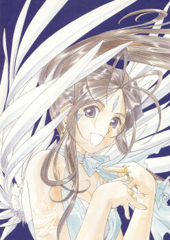 Rule 34 | 1girl, aa megami-sama, absurdres, angel wings, antenna hair, blue dress, brown hair, dress, earrings, facial mark, feathered wings, floating hair, forehead mark, fujishima kousuke, highres, jewelry, long hair, looking at viewer, non-web source, official art, open mouth, ponytail, ring, scan, self-scan, smile, wings