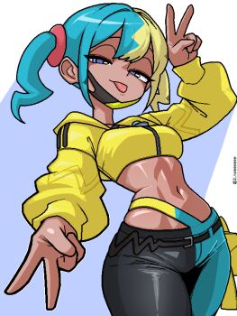 1girl belt black_belt blue_eyes canari_(pokemon) closed_mouth commentary_request cowboy_shot double_v half-closed_eyes hand_up jacket ji_heeeeeee korean_commentary long_sleeves looking_at_viewer looking_down multicolored_hair navel nintendo pokemon pokemon_legends:_z-a solo tongue tongue_out twintails v yellow_jacket