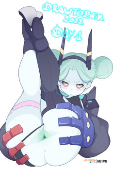 1girl anus ass black_boots black_hairband black_panties black_thighhighs boots closed_mouth clothing_aside colored_sclera colored_skin cyberpunk_(series) cyberpunk:_edgerunners double_bun green_hair hair_bun hairband hot_vr leg_tattoo legs_up looking_at_viewer mechanical_arms panties panties_aside pussy rebecca_(cyberpunk) red_sclera simple_background single_thighhigh solo spread_pussy spreading_own_pussy tattoo thighhighs uncensored underwear white_background white_skin