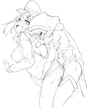 Rule 34 | 2girls, ahoge, bikini, blush, boots, breasts, clothed sex, commentary request, futa with female, futanari, gloves, hat, highres, hooded dress, implied futanari, large breasts, leberblume, loco musica, long hair, mahou shoujo ni akogarete, multiple girls, nekono matatabi, open mouth, sex, sex from behind, short hair, sideless dress, sideless outfit, simple background, skirt, standing, standing sex, swimsuit, thighhighs