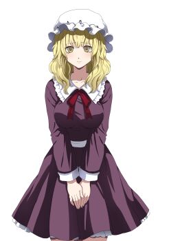 Rule 34 | 1girl, absurdres, blonde hair, bow, bowtie, breasts, collar, collared dress, commentary request, corpse party, corpse party (style), cowboy shot, dress, frilled collar, frilled dress, frills, frown, hat, highres, kuya (hey36253625), long sleeves, looking at viewer, maribel hearn, medium breasts, mob cap, own hands together, parody, purple dress, red bow, red bowtie, sash, solo, standing, straight-on, style parody, touhou, transparent background, variant set, waist ribbon, waist sash, white hat, yellow eyes