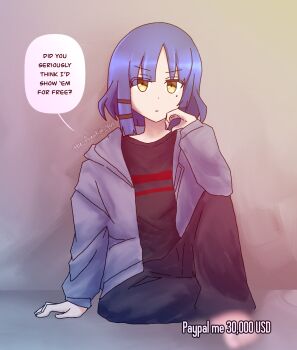 Rule 34 | 1girl, artist name, barefoot, black pants, blue hair, blur censor, bocchi the rock!, censored, censored feet, closed mouth, commentary, dot nose, english commentary, english text, frown, full body, grey hoodie, hair ornament, hairclip, highres, hood, hood down, hoodie, knee up, long sleeves, looking at viewer, meme, mole, mole under eye, open clothes, open hoodie, pants, short hair, sidelocks, sitting, solo, speech bubble, the freakin yui, watermark, yamada ryo, yellow eyes