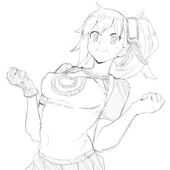 1girl aiba_ami ayu_(ddestiny944) breasts collarbone covered_erect_nipples digimon digimon_story:_cyber_sleuth gloves greyscale highres large_breasts monochrome pleated_skirt print_shirt shirt side_ponytail simple_background single_glove sketch skirt solo upper_body white_background