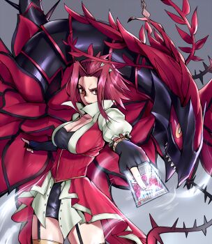 1girl black_rose_dragon breasts card cleavage dragon duel_monster elbow_gloves female_focus fingerless_gloves gloves grey_background izayoi_aki looking_at_viewer orange_eyes plant red_hair ryairyai short_hair solo summoning thighhighs vines yu-gi-oh! yu-gi-oh!_5d's