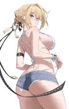 1girl absurdres aiden_(ofsb) alternate_costume aqua_nails arched_back arm_strap ass bare_arms bare_back bare_shoulders bead_bracelet beads bikini bikini_bottom_lift bikini_bottom_under_shorts bikini_under_clothes black_bow black_ribbon blonde_hair blue_shorts blush bow bracelet braid breasts bun_with_braided_base closed_mouth commentary cowboy_shot cutoffs denim denim_shorts earrings evelyn_chevalier fingernails from_behind from_below hair_between_eyes hair_bow hair_bun hair_intakes hair_ornament hair_ribbon halterneck hands_up highres jewelry large_breasts looking_at_viewer looking_back looking_down mole mole_under_eye nail_polish nose_blush panty_straps purple_eyes ribbon ring_hair_ornament short_hair short_shorts shorts shoulder_blades sideboob simple_background single_hair_bun solo standing strap_gap string_bikini sweatdrop swimsuit tassel tassel_hair_ornament white_background white_bikini zenless_zone_zero