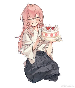 1girl alternate_costume bad_link blush cake closed_eyes f1rstache food full_body holding holding_cake holding_food japanese_clothes long_hair pink_hair simple_background smile solo tsukishiro_yanagi white_background zenless_zone_zero