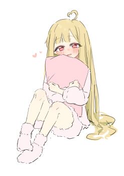 Rule 34 | 1girl, ahoge, blonde hair, blunt bangs, cho kaguya-hime!, full body, fur shorts, fur socks, heart, heart ahoge, highres, hugging object, kaguya (cho kaguya-hime!), long hair, long sleeves, looking at viewer, open mouth, pillow, pink shirt, pink shorts, pink socks, red eyes, shioyaki tomato, shirt, shorts, simple background, sitting, smile, socks, solo, very long hair, white background