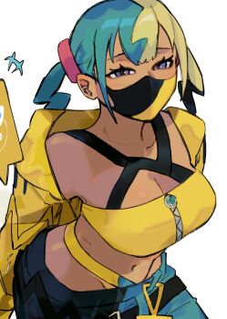 1girl aqua_hair bandeau black_mask black_pants blonde_hair blue_eyes blue_pants breasts canari_(pokemon) cleavage cloudstxr collarbone criss-cross_halter crop_top gen_4_pokemon hair_ornament halterneck highres jacket large_breasts mask midriff mouth_mask multicolored_hair navel nintendo pants pokemon pokemon_legends:_z-a rotom rotom_phone short_twintails simple_background split-color_hair twintails two-tone_hair two-tone_mask white_background yellow_bandeau yellow_jacket yellow_mask