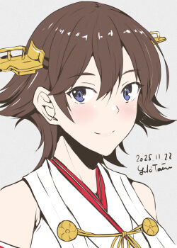 1girl blue_eyes brown_hair dated flipped_hair headgear hiei_(kancolle) hiei_kai_ni_(kancolle) highres kantai_collection looking_at_viewer nontraditional_miko portrait short_hair smile solo taira_yuuki