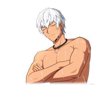 Rule 34 | 1boy, closed mouth, cropped torso, crossed arms, dark-skinned male, dark skin, earrings, game cg, happy elements, helios rising heroes, jewelry, male focus, muscular, muscular male, necklace, non-web source, official art, oscar bale, pectorals, short hair, solo, sweat, toned, toned male, topless male, transparent background, upper body, wet, white hair