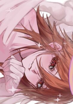 1boy angel angel_devil_(chainsaw_man) angel_wings chainsaw_man closed_mouth commentary_request eyelashes halo hand_on_own_chin highres long_hair looking_at_viewer male_focus nude pointy_chin red_eyes sideways simple_background solo sparkle white_background wings yosei_bin