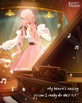 1girl arm_cutout artist_request belt bibcoon_(infinity_nikki) black_belt black_bow black_ribbon bow ceiling_light choker clothing_cutout commentary copyright_name cowboy_shot english_commentary english_text frilled_shirt frills from_behind grand_piano hair_bow hair_ribbon hand_on_own_chest hashtag high-waist_skirt highres infinity_nikki instrument logo long_hair long_sleeves low_twintails medium_skirt music musical_note musical_staff nikki_(nikki) nikki_(series) notice_lines off-shoulder_shirt off_shoulder outstretched_arm perfect_start_(infinity_nikki) piano pink_choker pink_hair pink_skirt pleated_skirt puffy_long_sleeves puffy_sleeves ribbon see-through_clothes see-through_sleeves shirt singing skirt solo sparkle spotlight stage standing statue tress_ribbon twintails very_long_hair white_shirt