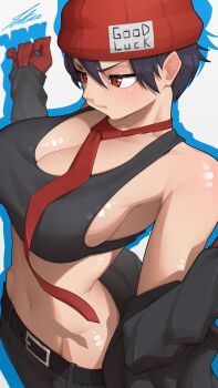 1girl absurdres beanie black_hair black_pants breasts colored_shadow crop_top drop_shadow fuuko_(urushiushiru) gloves hat highres izumo_fuuko jacket large_breasts midriff navel necktie pants red_eyes red_gloves red_necktie shadow short_hair tettora undead_unluck unworn_jacket white_background