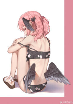 1girl absurdres bikini black_bikini black_bow black_wings blue_archive blush bow feathered_wings floral_print floral_print_bikini from_behind full_body hair_bow head_wings highres hugging_own_legs knees_up koharu_(blue_archive) koharu_(swimsuit)_(blue_archive) looking_at_viewer looking_back low_wings medium_hair naruto_maki_(naruto05) official_alternate_costume pink_eyes pink_hair print_bikini sideways_glance simple_background sitting solo strap_slip swimsuit toes twintails watermark weibo_watermark white_background wings