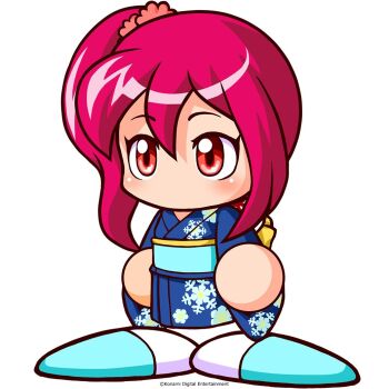 1girl aqua_shoes artist_request commentary_request copyright_notice floral_print floral_print_kimono hair_between_eyes hair_ornament hair_scrunchie hasshaku_fumiko high_ponytail japanese_clothes jikkyou_powerful_pro_yakyuu jikkyou_powerful_pro_yakyuu_(style) kimono multicolored_shoes no_mouth official_art pink_hair pink_scrunchie ponytail power_pro_appli print_kimono rayman_limbs red_eyes scrunchie shoes side_ponytail solo two-tone_shoes white_background white_shoes