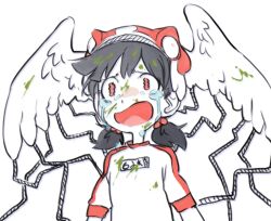 Rule 34 | 1girl, alien nine, black hair, blood, blood on clothes, blood on face, borg (alien nine), commentary, crying, despair, english commentary, frog hat, green blood, hair bobbles, hair ornament, hat, mintlark, ootani yuri, open mouth, red hat, short hair, short sleeves, short twintails, solo, translation request, twintails, wavy eyes, white background, winged headwear
