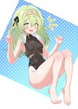 1girl absurdres ahoge arm_up black_leotard black_ribbon blue_background blush breasts commentary_request covered_navel dinosaur_child double-parted_bangs feet goddess_of_victory:_nikke gradient_background green_eyes hair_between_eyes hair_ribbon highres kilo_(nikke) leotard long_bangs long_hair looking_at_viewer looking_to_the_side no_pants notice_lines open_mouth petite polka_dot polka_dot_background raised_eyebrows ribbon small_breasts smile square teeth thighs toes tongue towel towel_around_neck upper_teeth_only