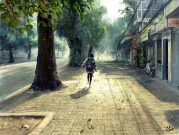 1girl black_hair black_pantyhose day door falling_leaves from_behind leaf long_sleeves motor_vehicle motorcycle original outdoors pantyhose pavement road running scenery shaun_the_sheep shop short_hair signature skirt third-party_source tree tung-monster wallace_&amp;_gromit