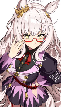 1girl absurdres ahoge animal_ears biwa_hayahide_(pf._winning_equation...)_(umamusume) biwa_hayahide_(umamusume) blush breasts closed_mouth clothing_cutout commentary crown ear_ornament franz2543 glasses grey_hair hair_between_eyes highres hip_vent horse_ears horse_girl horse_tail jacket large_breasts long_hair long_sleeves looking_at_viewer purple_jacket purple_skirt red-framed_eyewear semi-rimless_eyewear simple_background skirt solo tail umamusume under-rim_eyewear white_background white_hair yellow_eyes