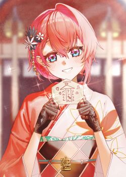 1girl ai_ai_gasa ange_katrina ange_katrina_(new_year) black_flower black_gloves black_sash blue_eyes blurry blurry_background blush commentary commentary_request cropped doidamon ema english_commentary floral_print floral_print_gloves floral_print_kimono flower gloves grin hair_between_eyes hair_ornament hands_up head_tilt highres holding_ema japanese_clothes kanzashi kimono looking_at_viewer mixed-language_commentary multicolored_eyes multicolored_sash new_year nijisanji obi obiage obidome obijime orange_sash print_kimono purple_eyes red_kimono red_sash sash single_hair_intake smile solo sparkle straight-on translation_request tsumami_kanzashi two-tone_eyes upper_body virtual_youtuber white_flower white_kimono