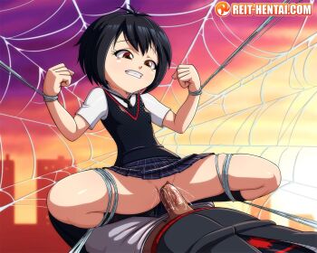 1boy 1girl arms_up artist_logo bdsm black_hair black_hoodie black_legwear black_neckwear black_shirt black_sweater_vest blue_skirt bob_cut bondage bound bound_arms bound_legs bound_wrists breasts brown_eyes cityscape clenched_hands clenched_teeth clitoris clothed_sex collared_shirt commentary cowgirl_position cum dark-skinned_male dark_skin dress_shirt english_commentary frogtie girl_on_top grin groin hands_up hetero hood hoodie interracial knees_apart_feet_together logo loli looking_at_another looking_at_viewer marvel miles_morales naughty_face necktie no_panties outdoors paid_reward_available pants peni_parker penis plaid_clothes plaid_skirt pleated_skirt pussy pussy_juice raised_eyebrows reit restrained school_uniform sex shiny_clothes shiny_skin shirt short_hair short_sleeves silk size_difference skindentation skirt small_breasts smile socks solo_focus spider-man:_into_the_spider-verse spider-man_(series) spider-verse spider_web spread_legs straddling sunset sweater_vest tagme tears teeth uncensored vaginal vest w_arms watermark web_address white_pants white_shirt wing_collar