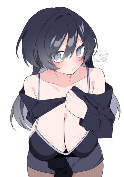 1girl absurdres bent_over black_hair black_hoodie black_tank_top breasts cleavage colored_inner_hair commentary_request flustered grey_eyes grey_hair grey_shorts hair_between_eyes hair_intakes head_tilt highres holding_hoodie hood hoodie huge_breasts long_hair looking_at_viewer multicolored_hair off_shoulder oimotororo1116 open_clothes open_hoodie original shorts tank_top thick_eyelashes yuuka_(oimotororo1116)