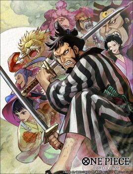 6+boys ashura_doji blunt_bangs chonmage clenched_teeth commentary_request copyright_name denjirou_(one_piece) facial_hair floral_print floral_print_kimono goatee gun half_updo holding holding_gun holding_sword holding_weapon inuarashi_(one_piece) izou_(one_piece) japanese_clothes kikunojo_(one_piece) kimono kinemon leg_hair looking_ahead multiple_boys nekomamushi nijihayashi official_art one_eye_closed one_piece one_piece_card_game pink_hair pink_kimono ponytail print_kimono purple_hair raizo_(one_piece) red_lips sash sharp_teeth sideburns smile smoke striped_clothes striped_kimono sword teeth topknot vertical-striped_clothes vertical-striped_kimono weapon whiskers yellow_kimono