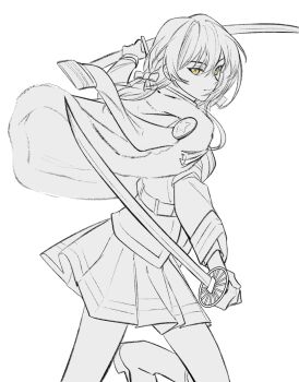 1girl absurdres bang_dream! bang_dream!_it&#039;s_mygo!!!!! chinese_commentary commentary_request cosplay_request dual_wielding hair_between_eyes hero45439083942 highres holding medium_hair original pleated_skirt simple_background skirt solo spot_color togawa_hazuki white_background yellow_eyes