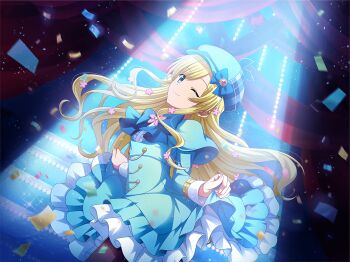 1girl blonde_hair blue_bow blue_bowtie blue_dress blue_eyes blue_hat bow bowtie closed_mouth cordelia_glauca dress frilled_dress frills game_cg hat hat_bow long_hair long_sleeves looking_at_viewer newsboy_cap official_art one_eye_closed reaching reaching_towards_viewer shoujo_kageki_revue_starlight shoujo_kageki_revue_starlight_-re_live- skirt_hold solo spotlight standing tantei_opera_milky_holmes upper_body