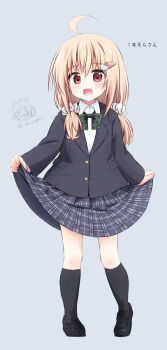 1girl :d ahoge black_jacket black_shoes black_socks blonde_dog_girl_(ri-net) blonde_hair blush bow cat_hair_ornament character_watermark collared_shirt commentary_request dress_shirt full_body green_bow grey_background grey_skirt hair_between_eyes hair_ornament hair_scrunchie hairclip highres jacket loafers long_hair long_sleeves looking_at_viewer low_twintails open_mouth original plaid_bow plaid_clothes plaid_skirt pleated_skirt red_eyes ri-net school_uniform scrunchie shirt shoes simple_background skirt skirt_hold sleeves_past_wrists smile socks solo standing translation_request twintails twitter_username white_scrunchie white_shirt