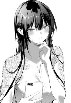 1girl blush cellphone collarbone commentary_request haite_kudasai_takamine-san highres hiiragi_yuuichi holding holding_phone long_hair monochrome parted_lips phone smartphone solo takamine_takane upper_body